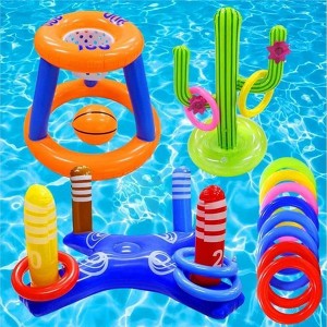 Skirfy Pool Toys Games Set, Floating Basketball Hoop Inflatable Cross Ring Toss Game Toys Blue - 1 of 4