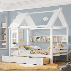 KTMBDW Wood House Bed with Storage Shelves,Platform Bed Frame with 2 Drawers,House Bed with Wood Slats Support,No Box Spring Needed - 1 of 4