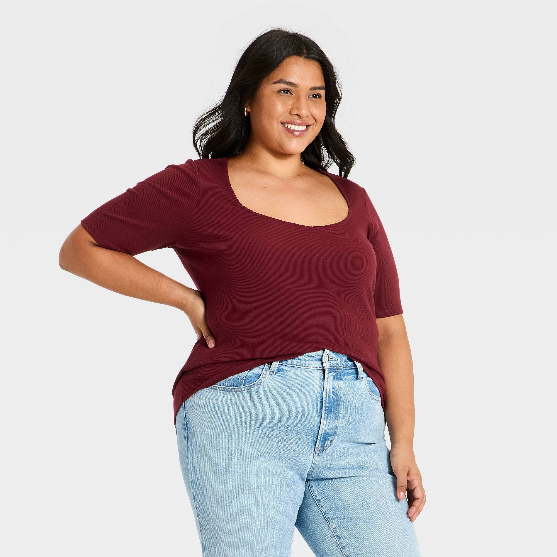 Women's Short Elbow Sleeve Sweatheart Neck Line Layering Top - Ava & Viv™
