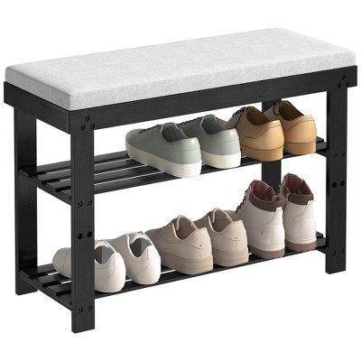 3-Tier Bamboo Shoe Storage Organizer, Entryway Bench with Cushion and Adjustable Shelves, Shoe Rack for Entryway, Hallway, Mudroom and Living Room