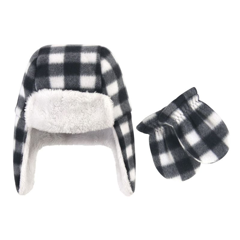 Hudson Baby Infant and Toddler Fleece Trapper Hat and Mitten 2pc Set, Black White Plaid, 1 of 5