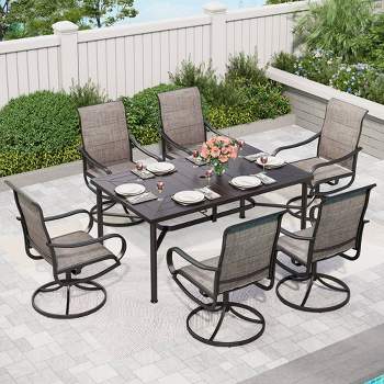 7pc Outdoor Dining Set with Padded Swivel Chairs & Metal Rectangle Table with Umbrella Hole - Gray - Captiva Hole