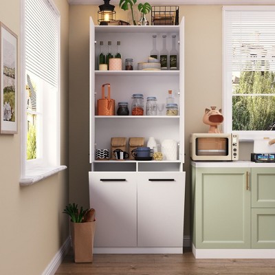 FUFU&GAGA Modern White Kitchen Cabinet with Storage Basket on the Lower Layer