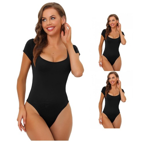 INSPIRE CHIC Women's Square Neck Tummy Control Short-Sleeve Leotard Bodysuit Top 3 Packs - image 1 of 4