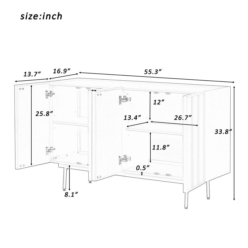 55.3" Modern Style Sideboard with 4 Doors, Unique Wave Pattern Door Design Storage Cabinet 4A - ModernLuxe, 3 of 13