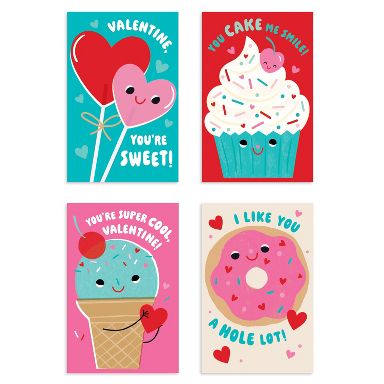 20ct Valentine's Day Mini Cards for Kids Classroom Exchange, Sweet Treats (4-Designs)