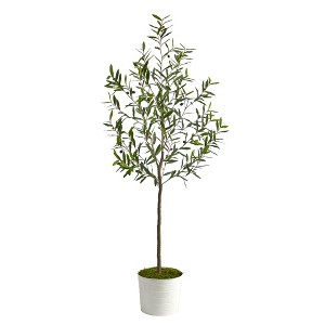 Nearly Natural 70-in Olive Artificial Tree in White Tin Planter - 1 of 4