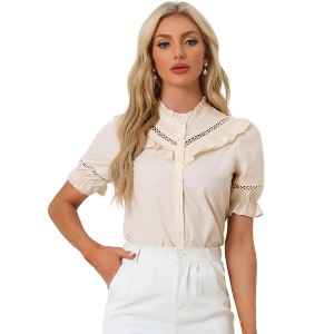 Allegra K Women's Office Short Sleeve Ruffle Stand Collar Lacework Button Down Shirt - 1 of 4