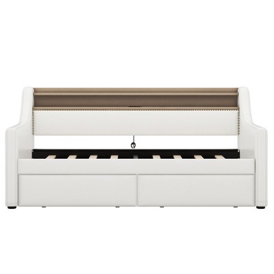 Bellemave Twin Daybed with 2 Drawers and Storage Shelf, Daybed with Charging Station(USB Port, Outlets) and LED Light, White