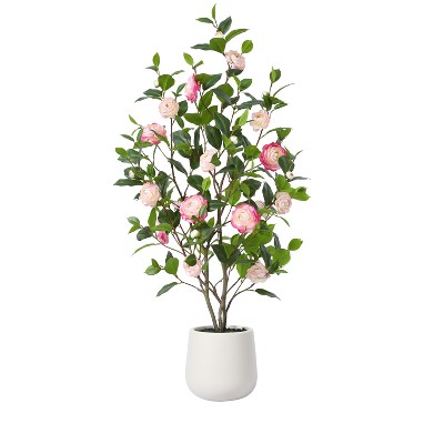 Artificial Camellia Tree with 9 inch White Planter, Tall Fake Camellia Trees with Flowers