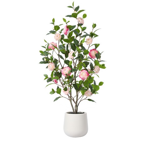 Kazeila Artificial Camellia Tree with 9 inch White Planter, Tall Fake Camellia Trees with Flowers - image 1 of 4