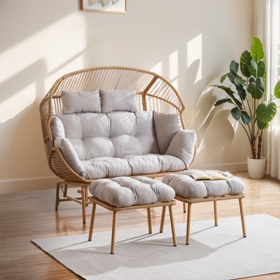 POCASSY 2-Seater Egg Chair Outdoor Glider Chair with Ottomans, All Weather Wicker Rattan Hammock Egg Chair with Head Pillow