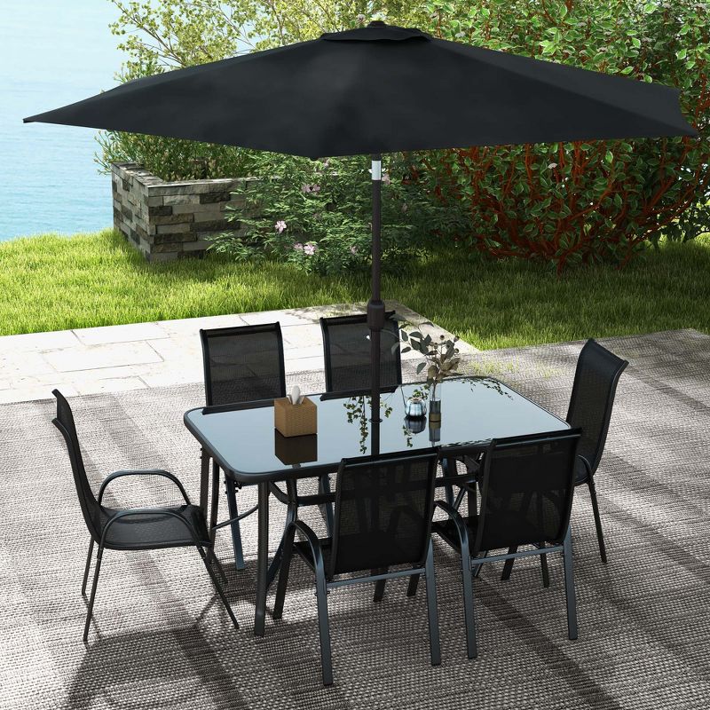 Outsunny 8 Piece Patio Furniture Set with Umbrella, Outdoor Dining Table and Chairs, 6 Chairs, Push Button Tilt and Crank Parasol, Glass Top, Black, 3 of 7