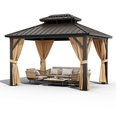 Whizmax Hardtop Gazebo, Double Roof Aluminum Frame with Netting & Curtains, Wood Grain Galvanized Steel for Patio, Garden, Lawn & Outdoor Parties