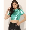 INSPIRE CHIC Women's Party Short Sleeve Mock Neck Holographic Metallic Crop Top - 4 of 4