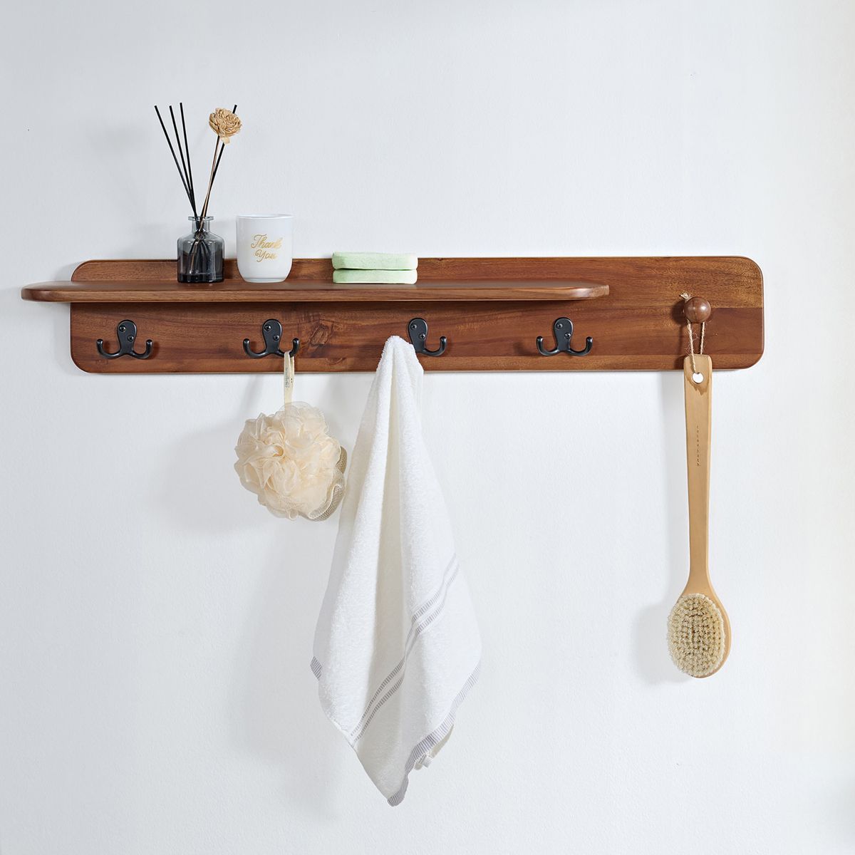 Alaterre Furniture Calais Coat Rack with Shelf, Wall Mount Shelf with 4 Coat Hooks and Peg, Acacia Wood Wall Hangers, Warm Chestnut - thumbnail 4