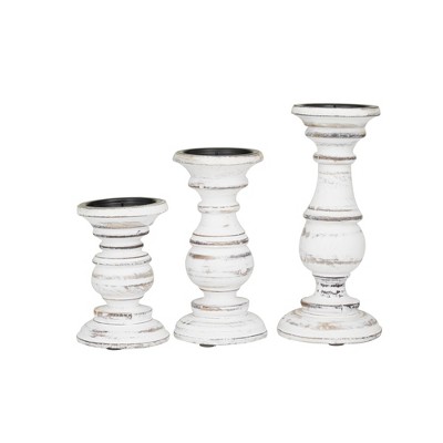 Set of 3 White Distressed Wood Pillar Candle Holders