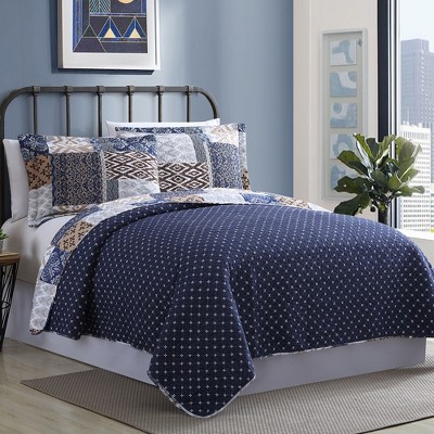 Laura Twin Blue Cotton Reversible Quilt Set
