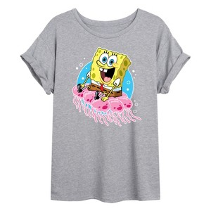 Women's - SpongeBob SquarePants - Spongebob And Jellyfish Oversized Graphic T-Shirt - 1 of 4