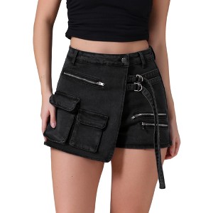 INSPIRE CHIC Women's Denim Zipper Decor Cargo Pockets Y2K High Waisted Faux Wrap Jean Skirts - 1 of 4