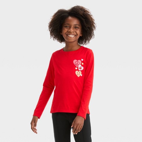 Girls' Long Sleeve Valentine's Day Hearts Graphic T-Shirt - Cat & Jack™ Red  L Plus