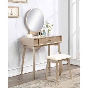 Roundhill Furniture Maly Contemporary Wood Vanity and Stool Set, Gold - 1 of 4