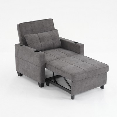 Tech Cloth Leather Futon 3-in-1 Convertible Chair Bed with Pull-Out Sleeper, USB Ports, Adjustable Backrest, Built-in Cup Holders and Throw Pillows