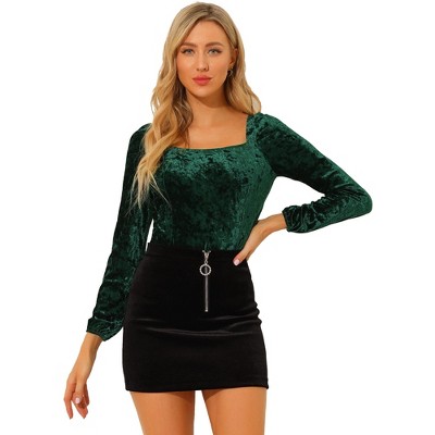 INSPIRE CHIC Women's Velvet Long Sleeve Square Neck Blouse