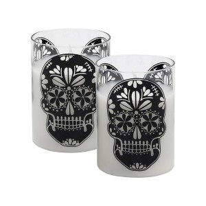 LumaBase Battery-Operated LED Glass Candles with Flickering Flame, Sugar Skull - Set of 2 - 1 of 4