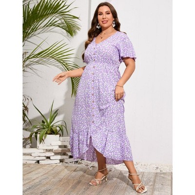 Plus Size Floral Maxi Dress Women Summer Short Sleeve V Neck High Low Dress  Purple Flower 4xl : Target