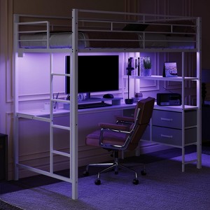VINGLI Twin Loft Bed with 15 Inches Guardrail/ Desk/Flat Rungs/LED/2 Charging Stations/Storage Shelves/Dresser, Heavy Duty Metal Support Slat, White - 1 of 4