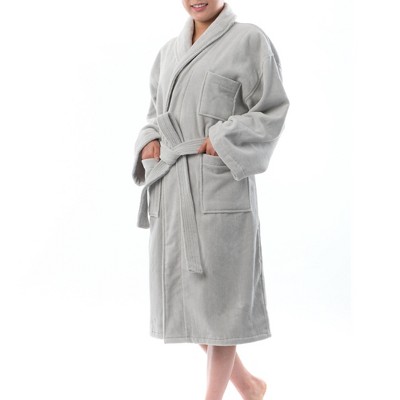 Gray Cotton Terry Cloth Long Sleeve Bathrobe with Belt