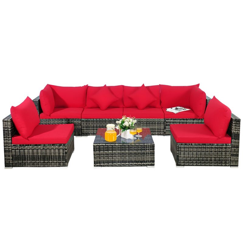 Costway 7PCS Patio Rattan Furniture Set Sectional Sofa Garden Red Cushion, 4 of 11