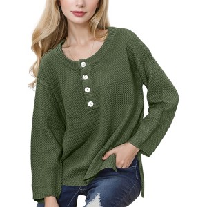 Anna-Kaci Women's Contrast Half Button Henley Down Textured Sweater - 1 of 4