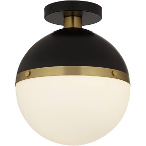 360 Lighting McGraw 10" Mid Century Modern Semi Flush-Mount Ceiling Light Fixture Kitchen Foyer Round Antique Brass and Black Finish White Glass - 1 of 4