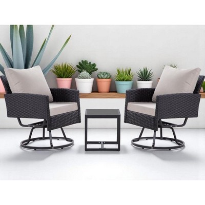 3-Piece Wicker Patio Furniture Set, Rattan Swivel Chairs with Coffee Table, Outdoor Seating for Porch, Balcony, or Garden –Wicker with Cushions
