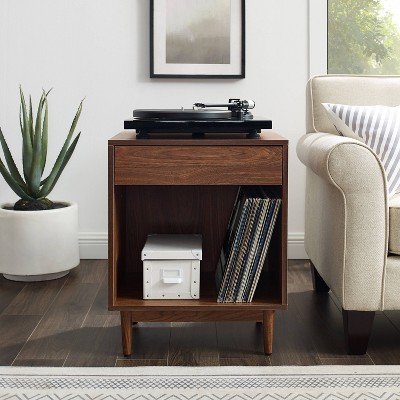 Liam Mid-Century Walnut Wood Side Table with Record Storage