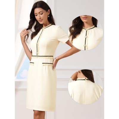 Женские платья INSPIRE CHIC Women's Short Sleeve Crew Neck Pearls Decro Business Work Sheath Midi Dresses Small White — фото 2