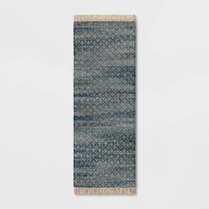 2'4"x7' Handloom Diamond Runner Rug Blue - Threshold™: Indoor Low Pile, Cotton & Jute, Entryway or Kitchen Use - 1 of 4