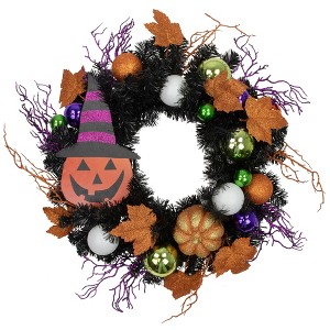 Northlight Jack-O-Lantern in Witches Hat Halloween Pine Wreath, 24-Inch, Unlit - 1 of 3