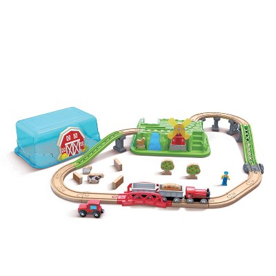 Hape E3772 41 Piece Countryside Kids Wooden Train Track Toy Playset with Storage Bucket, Train Cars, Figures, Bridges, and Windmill