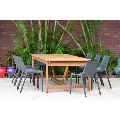 Elvis 9pc Rectangular Teak Finish/Resin Double Leaf Extendable Patio Dining Set - Gray - Amazonia