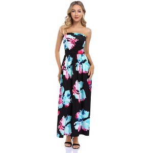 Women Strapless Maxi Boho Vintage Summer Beach Floral Print Hawaiian Party Long Dress - 1 of 4