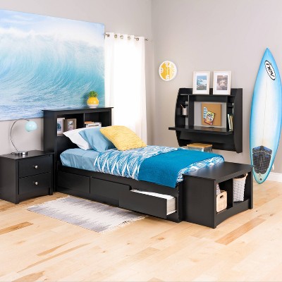 Black Twin Wood Bookcase Headboard with Storage