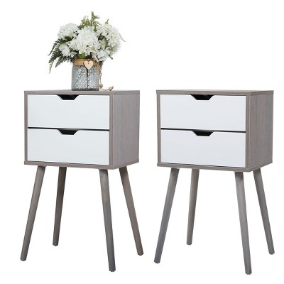 Resenkos Nightstands Set of 2, End Table with 2 Drawers and Solid Wood Legs - Gray + White