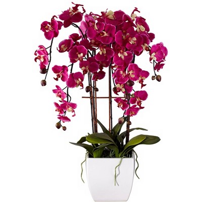 Dahlia Studios Potted Faux Artificial Flowers Realistic Purple Fuchsia Orchid in White Ceramic Pot for Home Decoration 29" High