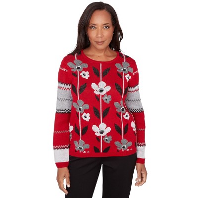 Alfred Dunner Women's Vertical Flower Zig Zag Sweater