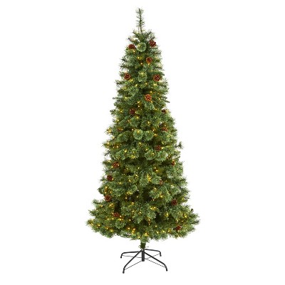 7ft. Pine Artificial Christmas Tree with 400 Clear LED Lights & Pine Cones – Classic Holiday X-Mas Display