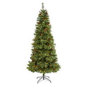 7ft. Pine Artificial Christmas Tree with 400 Clear LED Lights & Pine Cones – Classic Holiday X-Mas Display - 1 of 4