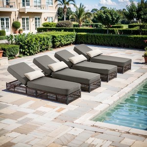 Patio Chaise Lounge Chair Set of 4, Wicker Chaise Lounge Outdoor Rattan Reclining Chair with Adjustable 5-Position,5-inch Cushion & Lumber Pillow - 1 of 4